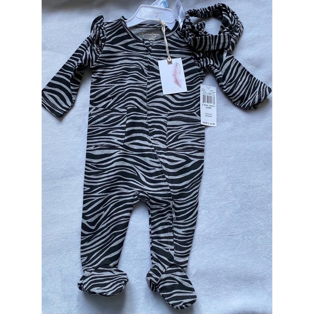 Jessica Simpson romper sleeper headband bow set gray black zebra NWT 3m 6m ruffl